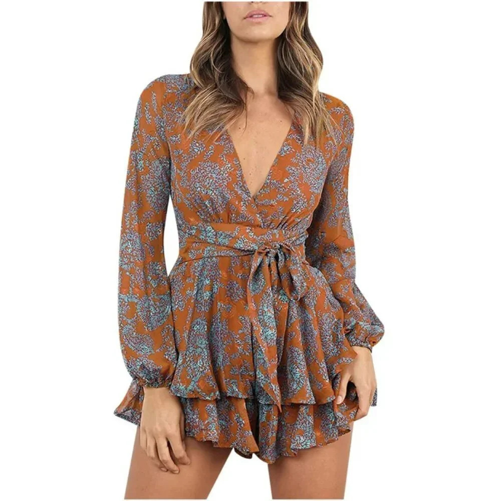 Orange Blue Floral Print V-Neck Tie Waist Ruffle Romper Size M